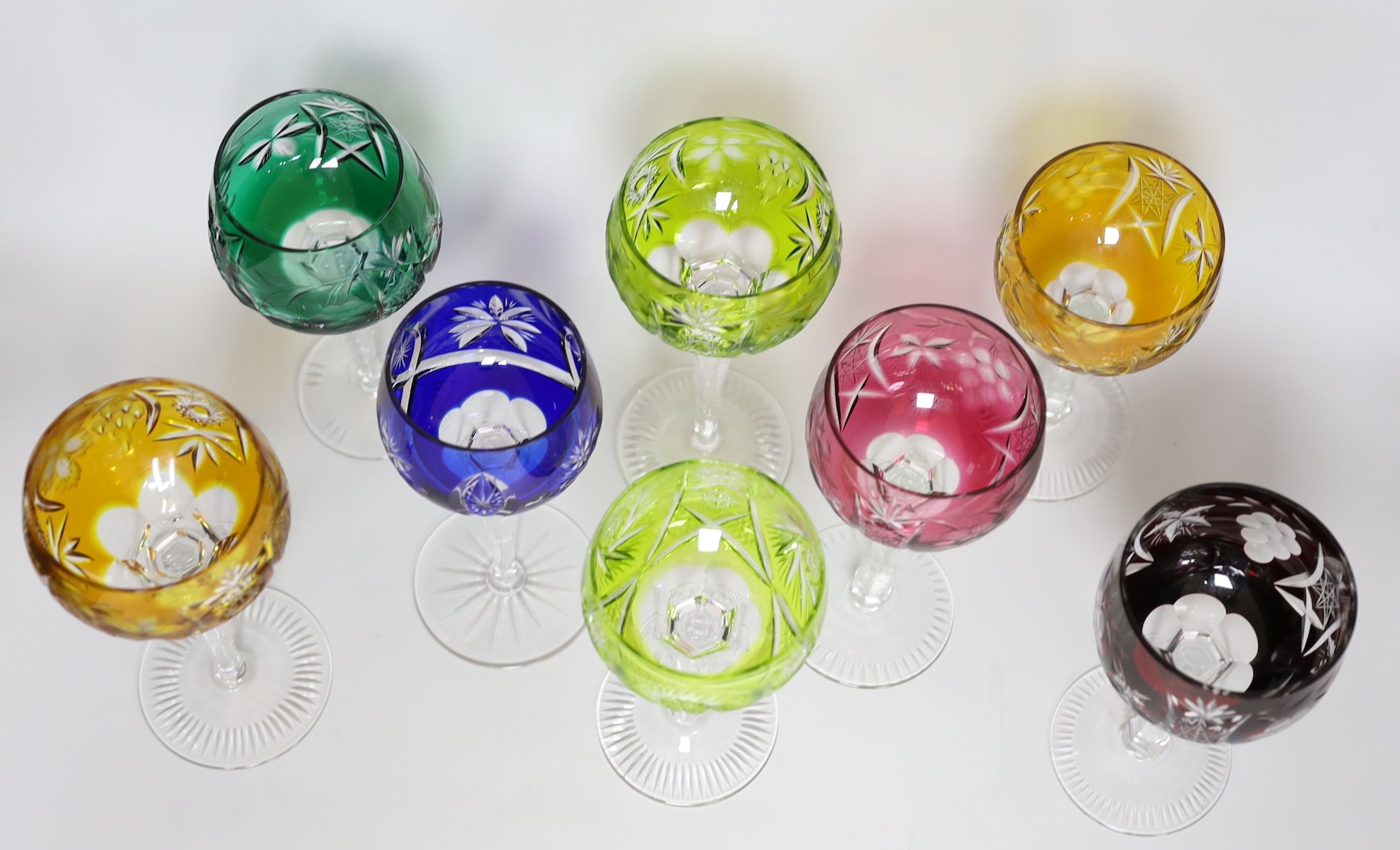 Eight coloured hock glasses